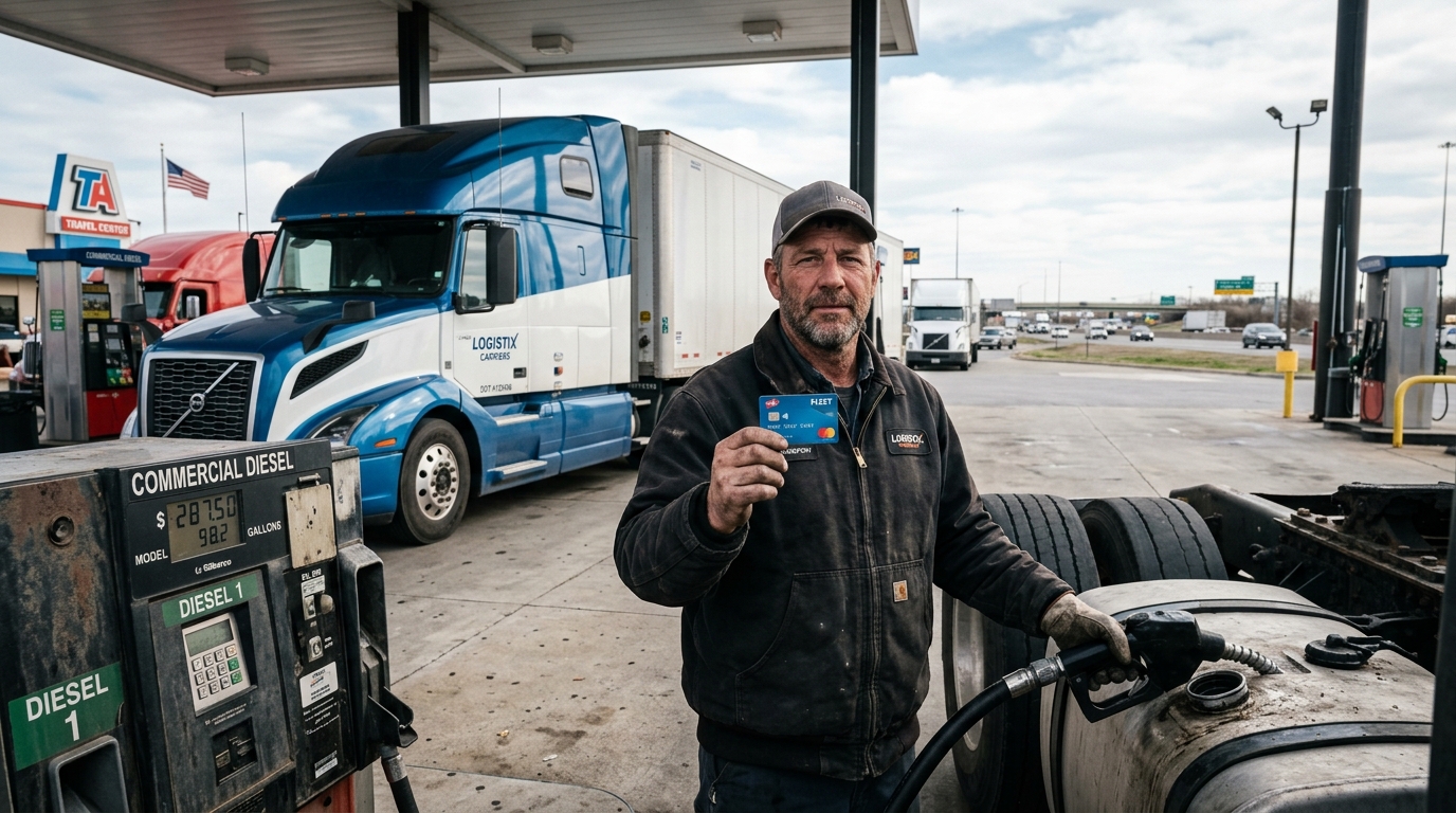 Commercial transport driver using fleet fuel card at highway fuel station