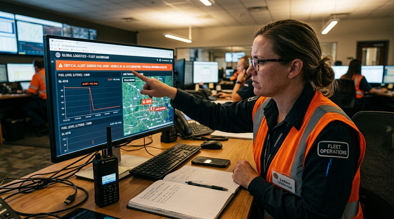 Enterprise fleet operations telematics dashboard showing sudden fuel drop theft alert