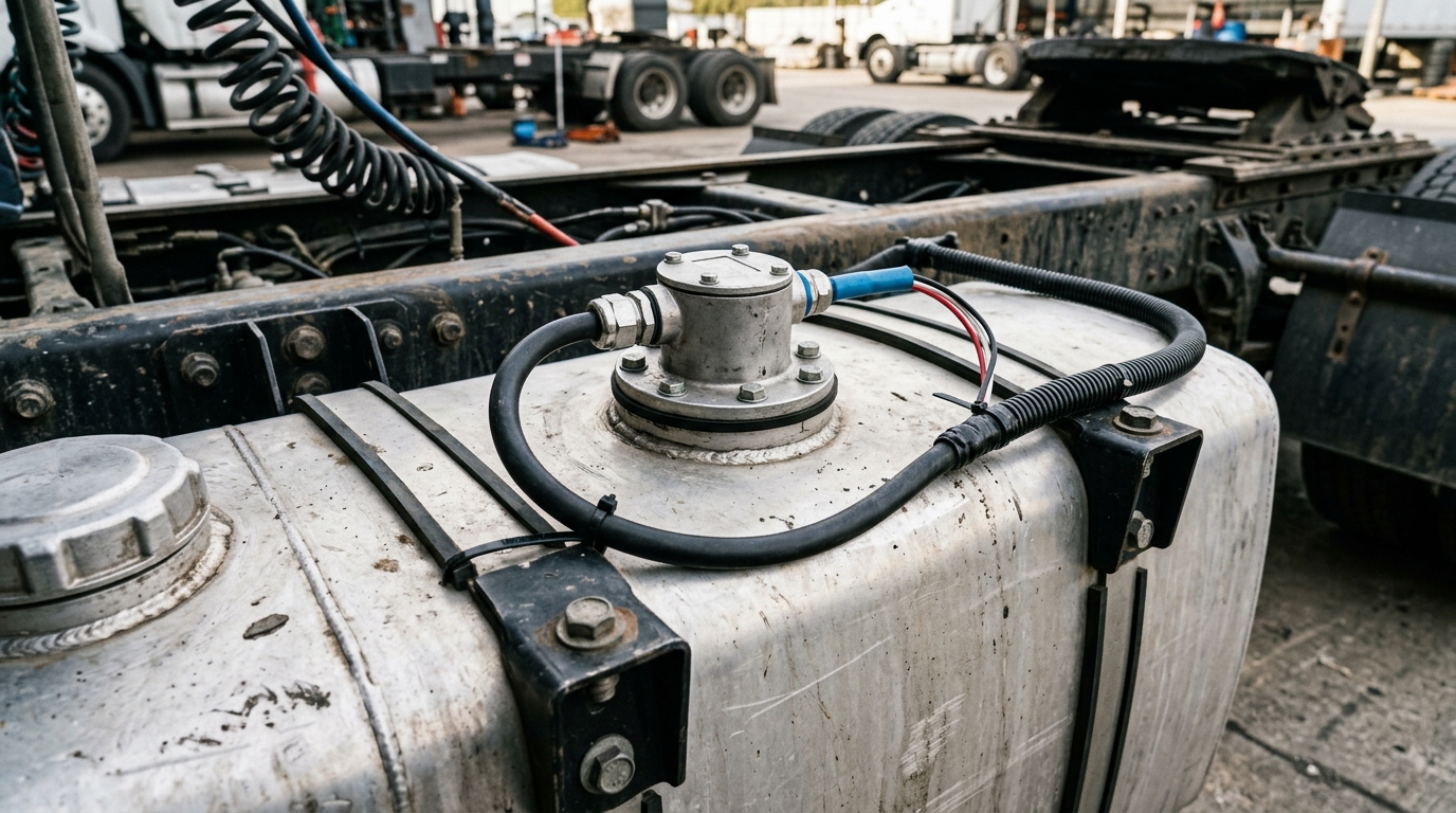 Capacitive fuel level sensor installed on commercial truck fuel tank