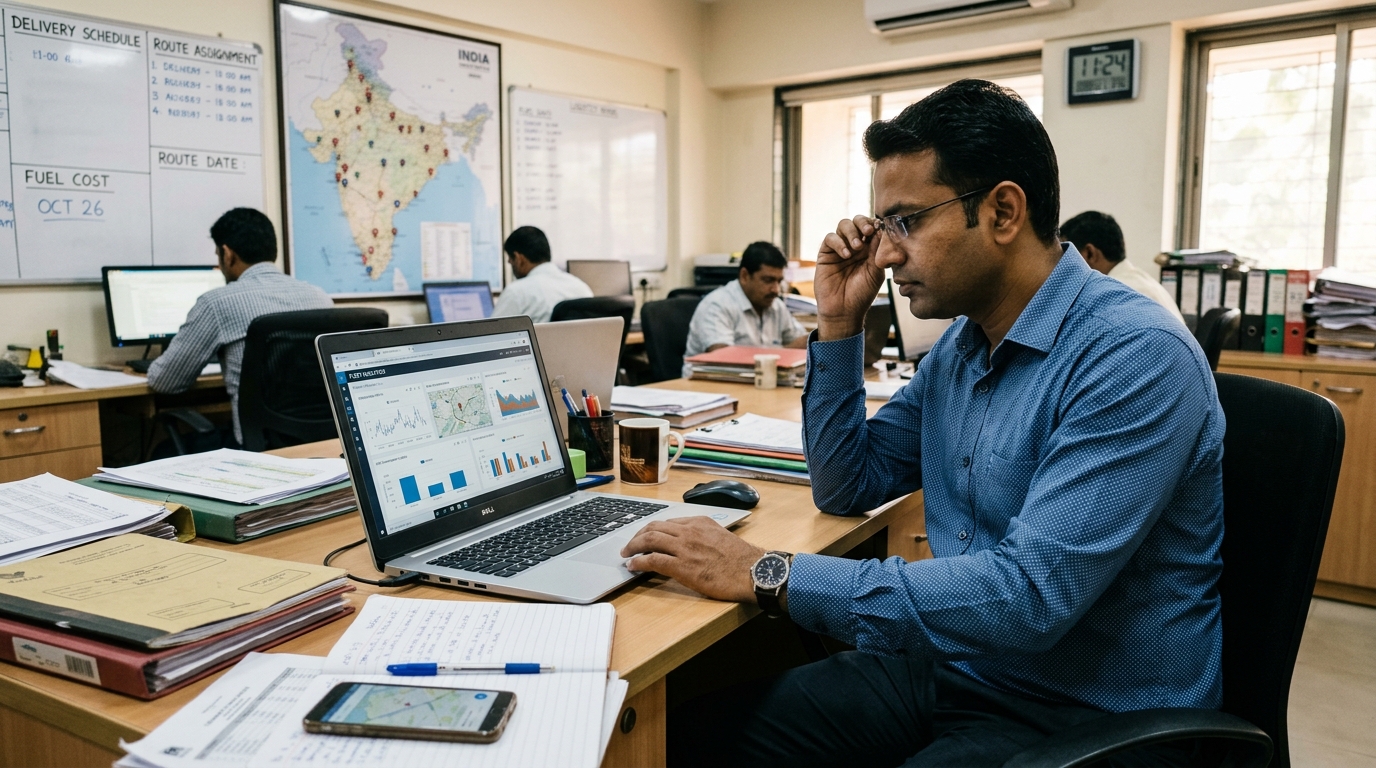 Fleet operations manager monitoring real-time telematics fuel dashboard and theft alerts