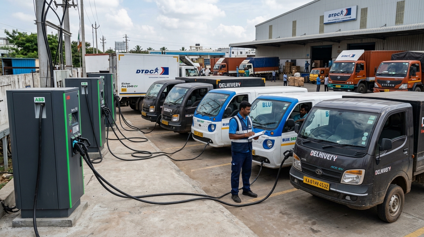 Commercial electric vehicle fleet charging infrastructure at logistics depot in India