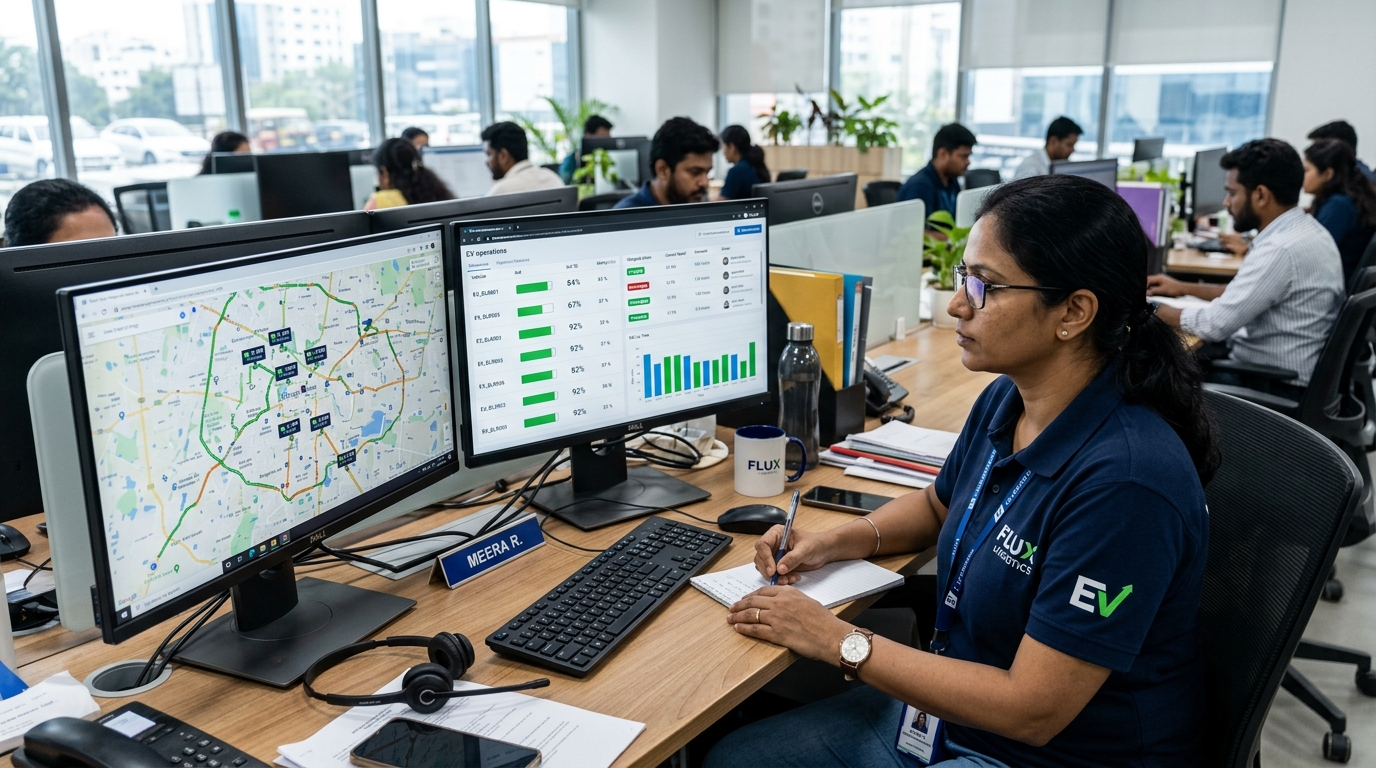 Fleet operations control center monitoring EV battery State of Charge, range, and telemetry