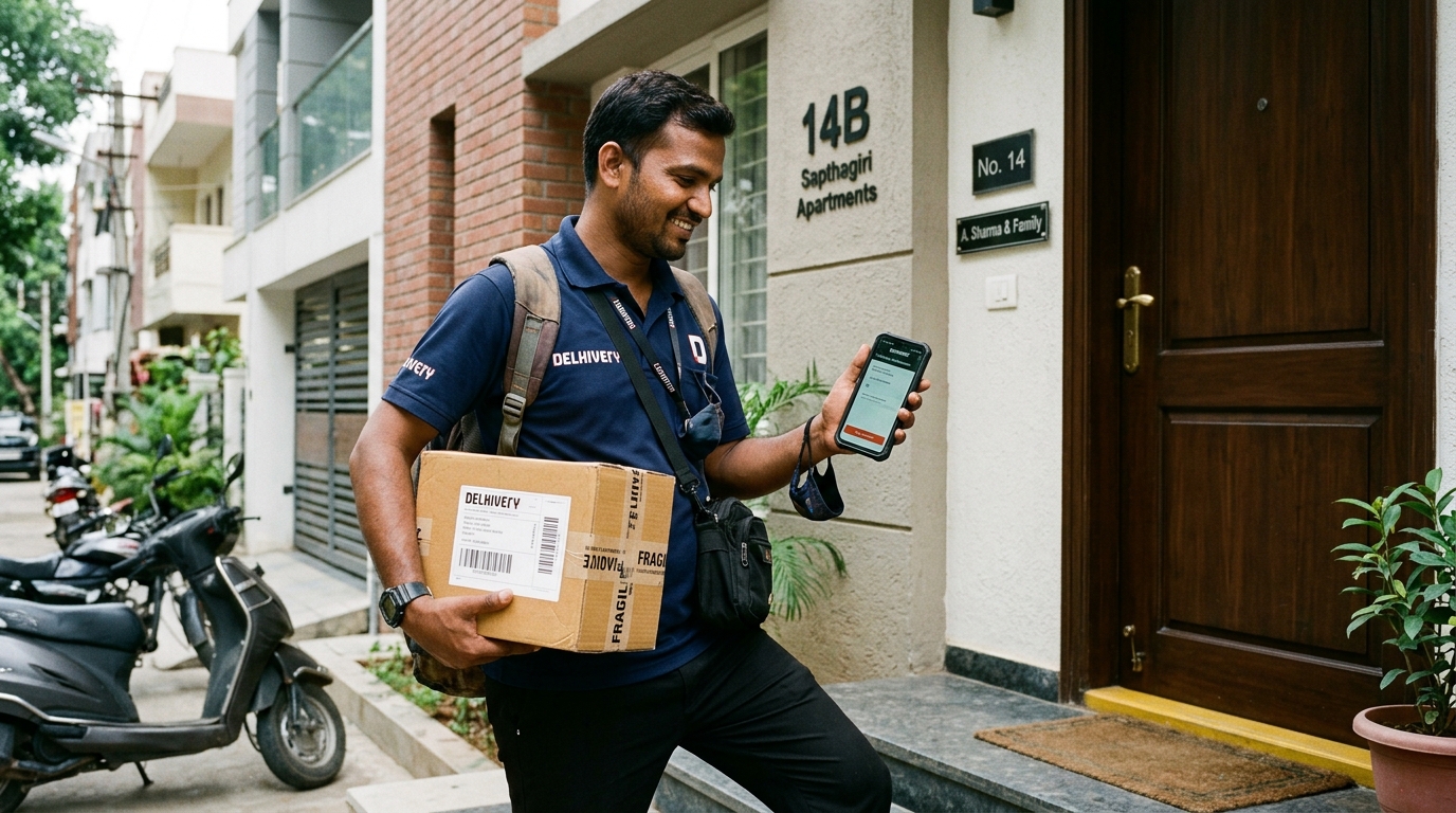 Digital proof of delivery app on smartphone with delivery courier at doorstep