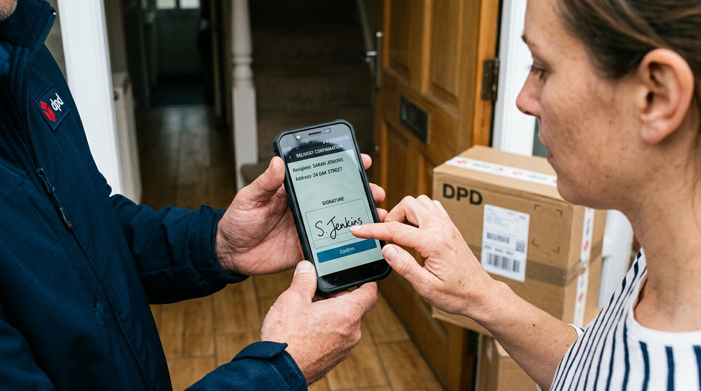 Customer providing digital signature confirmation on mobile app for digital proof of delivery