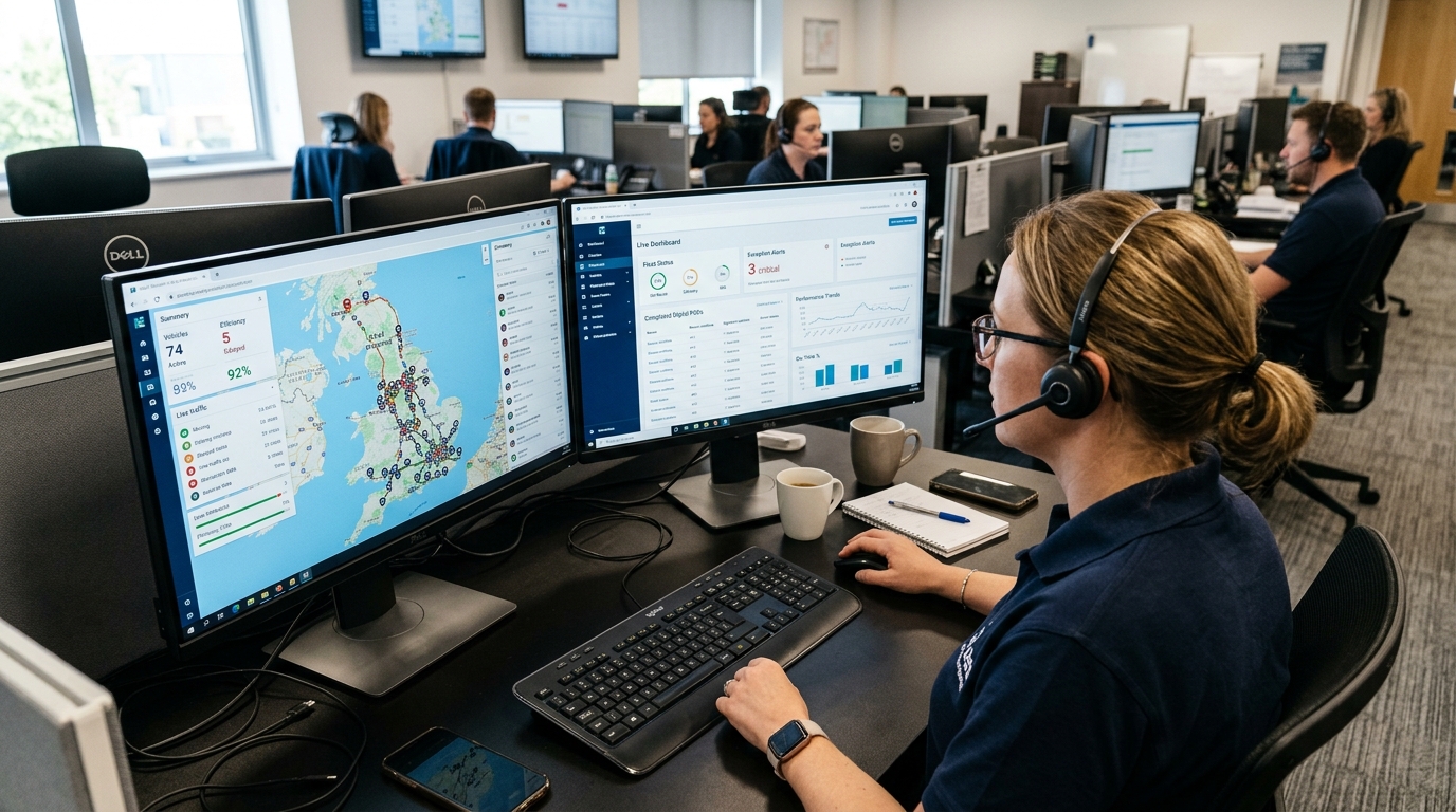 Logistics operations dispatch control room monitoring live delivery status and electronic proof of delivery reports