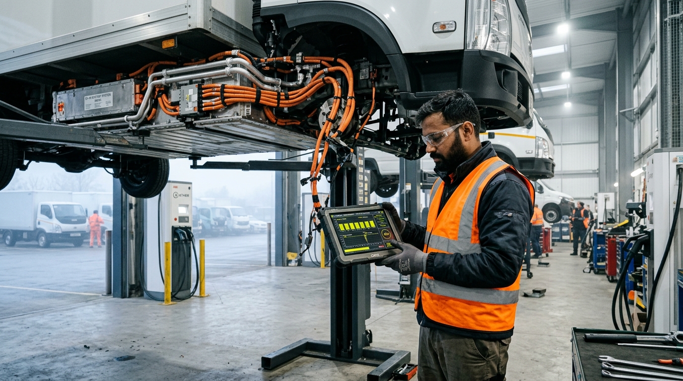 EV technician inspecting commercial electric delivery van battery and diagnostics in cold winter