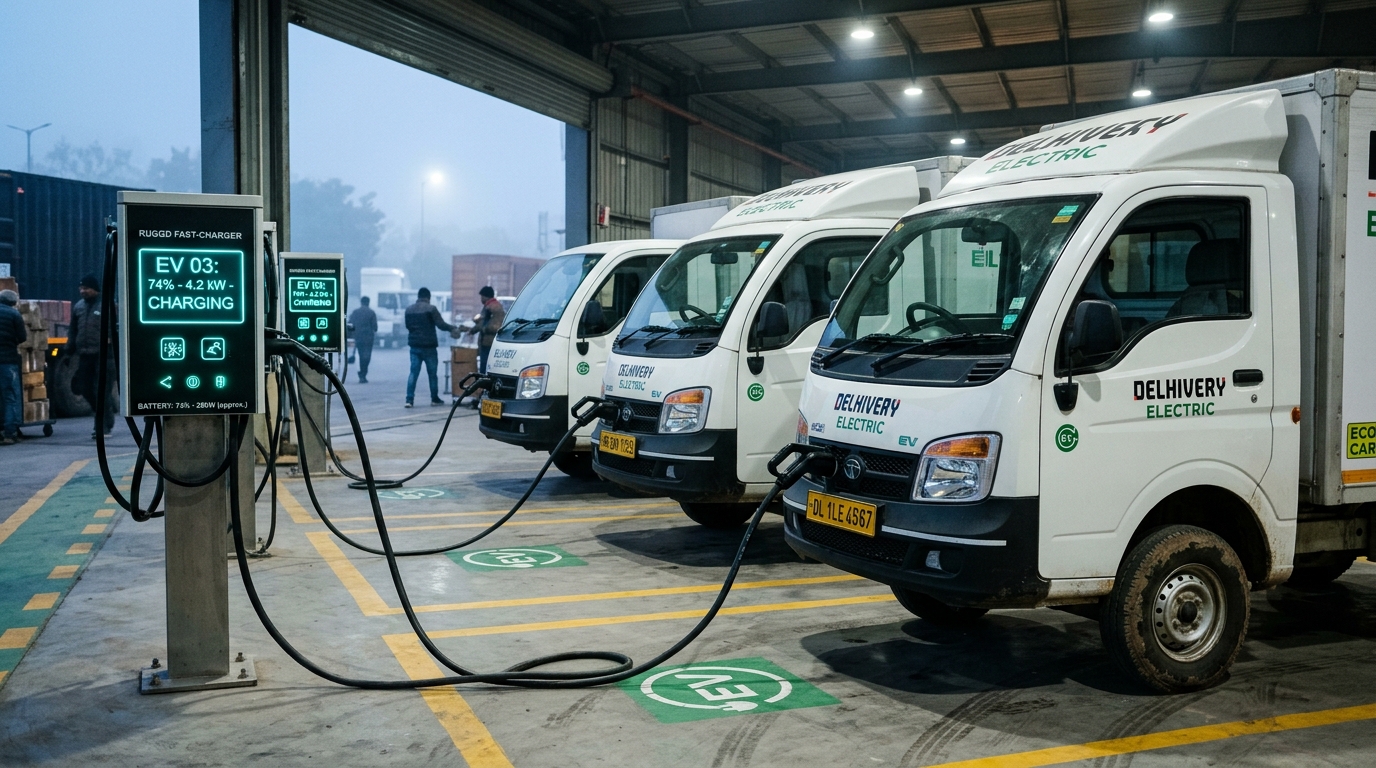 Commercial electric delivery vans charging and preconditioning at depot in winter