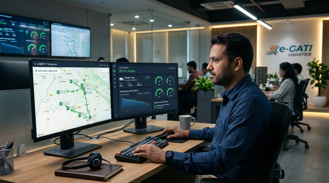 Fleet dispatcher monitoring real-time EV telematics and winter route planning on dashboard