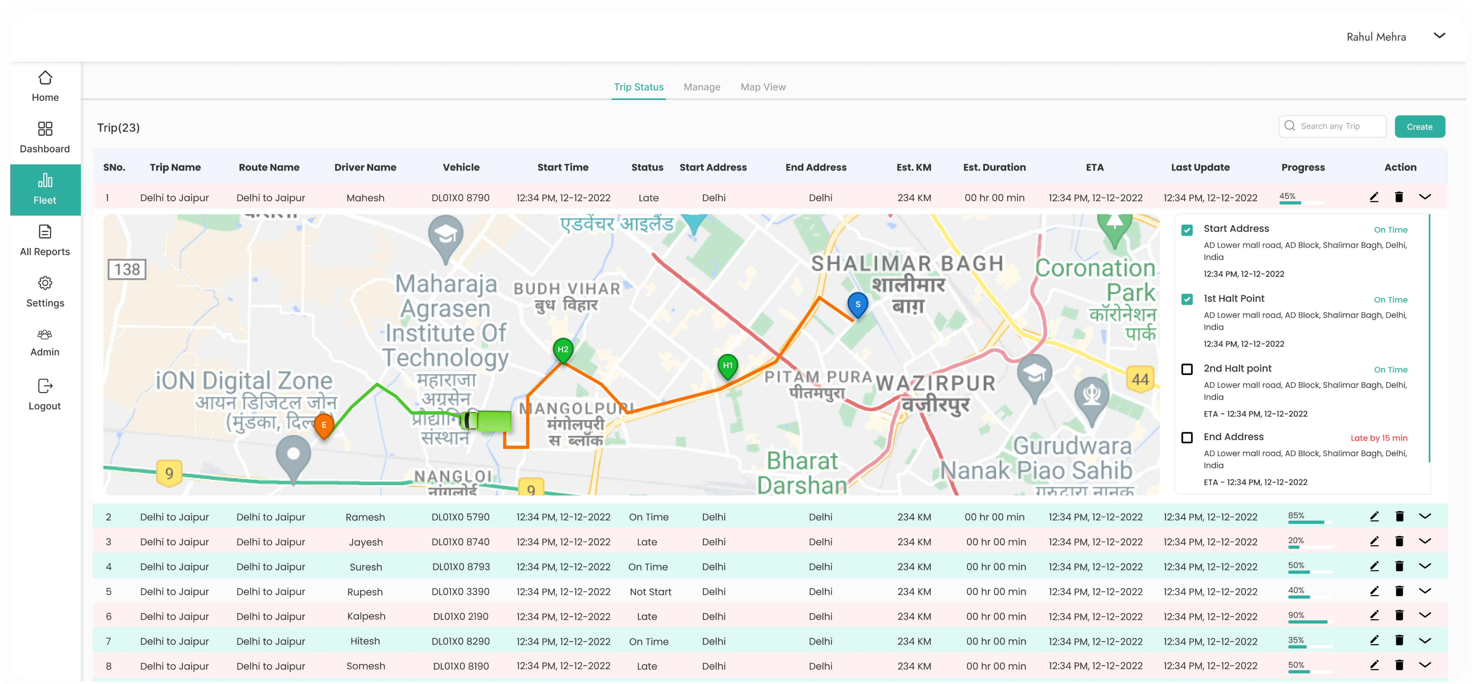 Roadcast trip scheduling tool for planning and managing trips with optimized routes to minimize delays